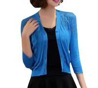Shrug Womens Bolero Cardigan,Summer Knitted Croppe Jacket Women'S 3/4 Sleeves Shrug Heart Button Bolero Shrug Crochet Cardigan Stretch Cropped Top Cardigan See Through Cover-Up For Dresses,Blue,M