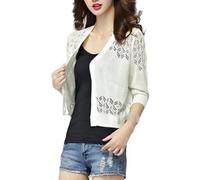 Shrug Womens Bolero Cardigan,Summer Knitted Croppe Jacket Women'S 3/4 Sleeves Shrug Heart Button Bolero Shrug Crochet Cardigan Stretch Cropped Top Cardigan See Through Cover-Up For Dresses,White,L