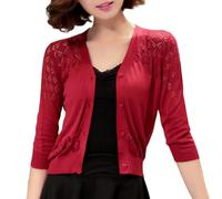 Shrug Womens Bolero Cardigan,Summer Knitted Croppe Jacket Women'S 3/4 Sleeves Shrug Heart Button Bolero Shrug Crochet Cardigan Stretch Cropped Top Cardigan See Through Cover-Up For Dresses,Burgundy