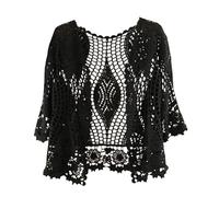 Shrug Womens Bolero Cardigan,Women's 3/4 Sleeve Dress Shawl Shrug Summer Crochet Floral Bolero Cardigan Mesh Jacket Short Front Tie Elegant Shoulder Jacket See Through Cover-Up for Dresses,Black,XXL