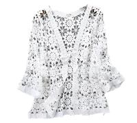 Shrug Womens Bolero Cardigan,Women'S Bolero Shrug Short Cardigan 3/4 Sleeves Crochet Lace Blouse Jacket Front Tie Cardigan Open Front Boho Festival Jacket V-Neck Elegant Cover-Ups For Dresses,White