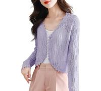 Shrug Womens Bolero Cardigan,Women's Long Sleeve Shrug Summer Crochet Floral Lace Bolero Cardigan V Neck Mesh Jacket Short Button Elegant Shoulder Jacket See Through Cover-Up for Dresses,Purple,S