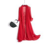 Shrug Womens Bolero Cardigan,Women'S Shrug 3/4 Sleeves Bolero Loose Swing Back Mandala Flower Chiffon Cardigan Jacket Summer Long Open Front Kimono Kaftans Sheer Swimsuit Cover-Up For Dresses,Red,L