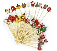 SHSMPXOY 100 PCS Christmas Cocktail Picks Sticks Santa Claus Snowman Christmas Tree Elk Theme Stick Toothpicks for Appetizers Wooden Food Bamboo Skewers for Drinks Fruits Sandwiches Party Decorations
