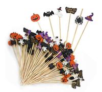 SHSMPXOY 100 PCS Halloween Cocktail Sticks, Wooden Skewers with Ghosts Bats Spiders Pumpkin Ornament, Bamboo Appetizer Fruit Finger Food Drinks Picks, Creepy Halloween Spoof Party Decoration Supplies