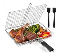 SHTALHST BBQ Fish Grilling Basket, Stainless Steel BBQ Grill Basket, Folding Portable Grill Basket with Removable Handle for Grilling Fishes, Vegetables, Shrimp with Basting Brush and Storage Bag