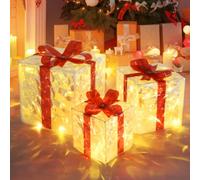SHTALHST Light Up Present Boxes Christmas with Timer Set of 3, Illuminated Christmas Decorations Indoor with Remote Control, 8 Flash Modes and Bow, LED Box for Christmas Decoration, Party and Birthday