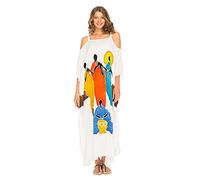 SHU-SHI - Caftan Cold Shoulder Maxi Dress - for Women - Casual Long Beach Cover-Up - Plus Size - One Size - Flute White