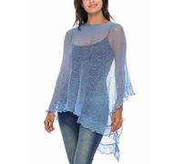 SHU-SHI - Sheer Poncho - Women - Lightweight, Knitted Ruffle Pullover - One Size - Baby Blue