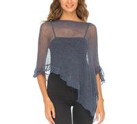 SHU-SHI - Sheer Poncho - Women - Lightweight, Knitted Ruffle Pullover - One Size - Blue Jeans