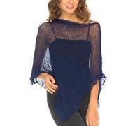 SHU-SHI - Sheer Poncho - Women - Lightweight, Knitted Ruffle Pullover - One Size - Navy Blue