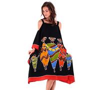 SHU-SHI Womens Short Caftan Poncho Cut Out Cold Shoulder Hand Paint Tribal Design Swimwear Cover Up - Black -
