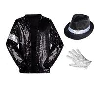 Shuanghao Adult Costumes Sequin 3PS Jackets+Hat+Gloves Parties Dances Retro Punk Coat Costumes Clothing Outfits Womens Man Suit Set BLACK