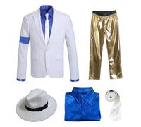 Shuanghao Adults Stripes Smooth Parties Dances Retro Outfit Costumes Suit Set:Jacket+Pants+Shirt+Hat+Tie(White)