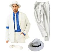 Shuanghao Kids Childrens Adults Boys Girls Suit Jacket+Pants+Shirt+Hat+Tie Stripes Smooth for Criminals Halloween Christmas Cosplay Parties Dances Role Playing Retro Outfit Costumes(White,180-190)