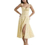 Shuanghao Ladies Summer Dresses Sexy Sleeveless Spaghetti Straps Sweetheart Neckline Elegant Floral A Line Midi Dress with Side Slit Casual Boho Holiday Beach Dresses for Women UK Yellow Floral L