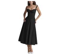 Shuanghao Ladies Summer Dresses Sexy Sleeveless Spaghetti Straps Sweetheart Neckline Elegant Solid A Line Midi Dress with Side Slit Casual Boho Holiday Beach Dresses for Women UK Black L