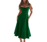 Shuanghao Ladies Summer Dresses Sexy Sleeveless Spaghetti Straps Sweetheart Neckline Elegant Solid Color A Line Midi Dress with Side Slit Casual Boho Holiday Beach Dresses for Women UK Green S