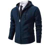 Shuanghao Men's Cardigan Sweater Knitwear Jacket Coat Classic Casual Thick Velvet Wool Fleece Warm Long Sleeve Relaxed Fit Zipper Knitwear Sweatshirt Active Sweater for Men UK Blue XL（Hooded）