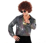 Shuanghao Men's-Hippie 1970's-Disco Fancy-Dress Up - Halloween Christmas Outfit 4pcs:Glitter Shirt +Necklace+Wigs+Sunglasses 80s Vegas Pimp Psychedelic Suit Rockstar Day Carnival Costume Men XXL