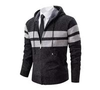 Shuanghao Men's Hoodie Cardigan Sweater Knitwear Jacket Coat Classic Casual Thick Velvet Wool Fleece Warm Long Sleeve Relaxed Fit Zipper Knitwear Sweatshirt Active Sweater Men UK Gray S （Stripe）