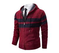 Shuanghao Men's Hoodie Cardigan Sweater Knitwear Jacket Coat Classic Casual Thick Velvet Wool Fleece Warm Long Sleeve Relaxed Fit Zipper Knitwear Sweatshirt Active Sweater Men UK Red L （Stripe）