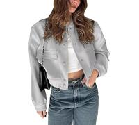 Shuanghao Women's Cropped Bomber Jackets - Fashion Casual Stand Collar Button Down Short Jacket Sweatshirt-Varsity Baseball Jacket for Ladies UK-Lightweight Autumn Jacket With Pockets Grey S