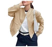 Shuanghao Women's Cropped Bomber Jackets - Fashion Casual Stand Collar Button Down Short Jacket Sweatshirt-Varsity Baseball Jacket for Ladies UK-Lightweight Autumn Jacket With Pockets Khaki L