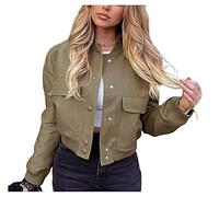 Shuanghao Women's Cropped Bomber Jackets - Fashion Casual Stand Collar Button Down Short Jacket Sweatshirt-Varsity Baseball Jacket for Ladies UK-Lightweight Autumn Jacket With Pockets Army Green M