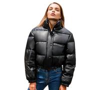 Shuanghao Women's-Stand Collar-Short Winter-PU Fashion Jacket-Coat - Warm Mock Neck Cropped Faux Leather Moto Lining Quilted Thicken Cotton Water-Resistant Outfits Clothes Jackets Ladies Black S