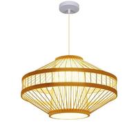 SHUANGZ Bamboo Basket Pendant Lamp with Wooden Canopy Rustic Chandelier 1-Light Boho Wicker Weave Lantern 19.7" Rattan Wooden Pendant Light Fixture for Dining Room Living Room Restaurant