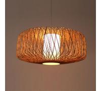 SHUANGZ Rattan Farmhouse Chandelier Unique Drum Wicker Lantern Lamp Fixture | 1-Lights Boho Large Pendant Light, Hand Woven Rustic Chandeliers for Dining Room with Fabric Shade for Kitchen Island Light
