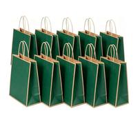 SHUBEIEUMI 10Pcs Kraft Paper Bags with Handles-Dark green with brown border | Paper Party Bags 21x15x8cm, Small Gift Party Bags, for Present, Candy, Cookie, Celebrations, Birthday