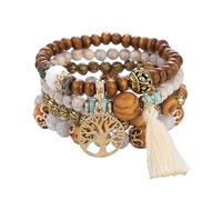 SHUBEIEUMI Boho Holzperlen Armband, 4 Stück Boho Quaste Armband für Damen, Frauen Baum des Lebens Charm Statement Armreifen (Beige)