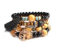 SHUBEIEUMI Boho Holzperlen Armband, 4 Stück Boho Quaste Armband für Damen, Frauen Baum des Lebens Charm Statement Armreifen (Black)