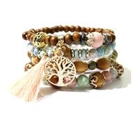 SHUBEIEUMI Boho Holzperlen Armband, 4 Stück Boho Quaste Armband für Damen, Frauen Baum des Lebens Charm Statement Armreifen (Light mixed color)
