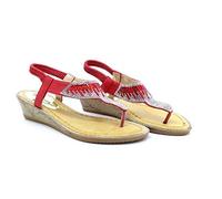 ShuCentre Diamante Elasticated Sling Back Toe Post Summer Wedge Sandals - Red PU, Ladies UK 5 / EU 38