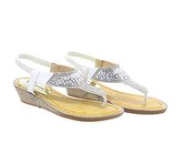 ShuCentre Diamante Elasticated Sling Back Toe Post Summer Wedge Sandals - White PU, Ladies UK 3 / EU 36