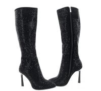 ShuCentre Ladies Classic Stylish Black Diamante Stiletto Heel Knee High Inside Zip Boots (Black, 6, UK Footwear Size System, Adult, Women, Numeric, Medium, 6)
