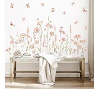 SHUCHING 2 Sheets Pink Flowers Wall Stickers Peel and Stick, Watercolour Wildflowers Wall Decals, Removable Vinyl Wall Decoration Art for Bedroom Living Room Sofa