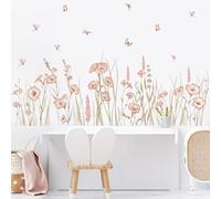 SHUCHING 3 Sheets Pink Flowers Wall Stickers Peel and Stick, Watercolour Wildflowers Wall Decals, Removable Vinyl Wall Decoration Art for Bedroom Living Room Sofa Corner