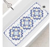 SHUCHING Blue Boho Bath Mat Non Slip Anti Mould, 100 X 40 cm Extra Long Bathtub Mat Anti Slip, Shower Mat Non Slip Anti Mould for Bathroom Machine Washable
