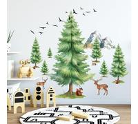 SHUCHING Giant Pine Tree Wall Decals Peel and Stick, Deers Squirrels Birds Wall Décor Art, Jungle Animals Wall Stickers for Kids Nursery Living Room Bedroom Classroom