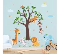 SHUCHING Jungle Animals Tree Wall Decals Peel and Stick, Elephant Giraffe Lion Monkey Safari Animals Wall Sticker, Wall Decor Art for Baby Kids Nursery Bedroom