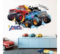 SHUCHING Large 3D Trucks Wall Stickers for Boys, Racing Cars Break Through Wall Decals, Removable Vinyl Decorations for Kids Boys Bedroom Playroom