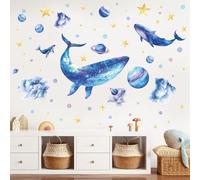 SHUCHING Large Blue Whale Wall Stickers Peel and Stick, Planet Stars Moon Fly Whale Wall Decals, Removable Wall Decor Art for Living Room Bedroom Nursery Playroom