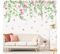 SHUCHING Large Rose Vines Wall Stickers Peel and Stick, Green Leaves Pink Flowers Hanging Vine Wall Decals, Removable Vinyl Wall Decoration Art for Bedroom Living Room
