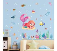 SHUCHING Mermaid Wall Stickers Peel and Stick, Under The Sea Animals Wall Decals for Girls, Removable Vinyl Wall Decoration Art for Baby Kids Bedroom Nursery Playroom