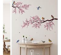 SHUCHING Pink Flowers Wall Sticker Peel and Stick, Vinyl Tree Branch Wall Decal, Bird Wall Decor Art Home Decoration for Living Room Bedroom