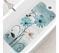 SHUCHING Turquoise Daisy Flower Bath Mat Non Slip Anti Mould, 100 X 40 cm Extra Long Bathtub Mat Anti Slip, Shower Mat Non Slip Anti Mould for Bathroom Machine Washable